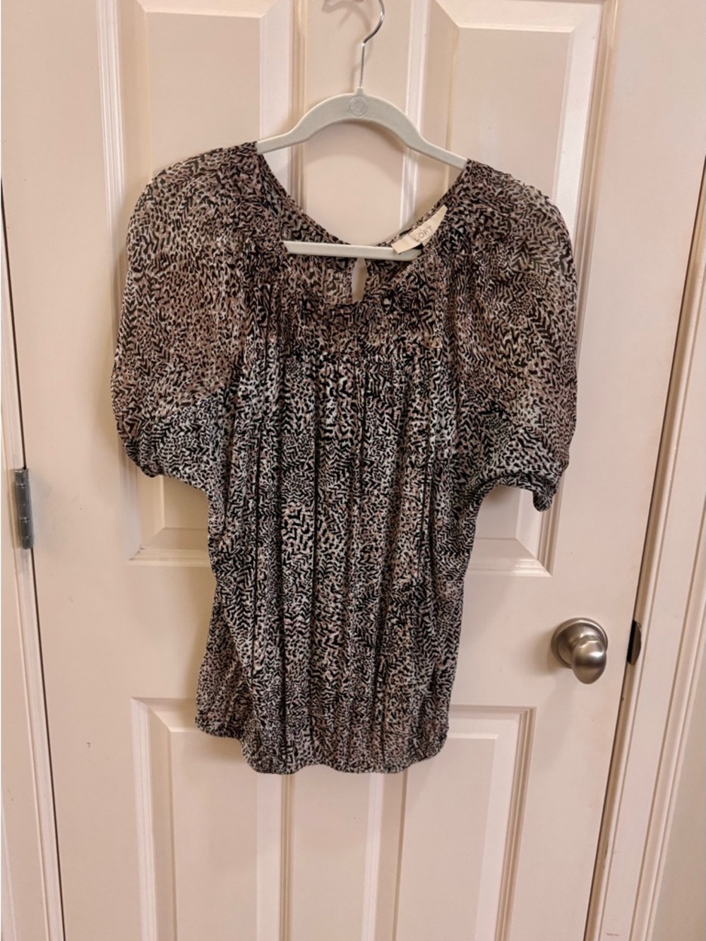 LOFT Black and White Animal Printed Short-Sleeve Peasant Blouse